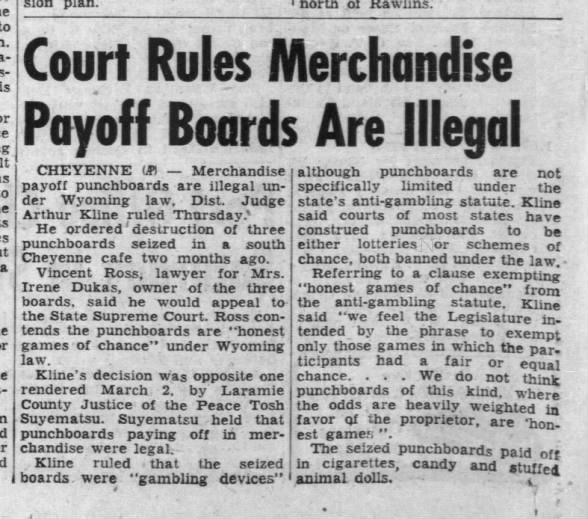 Gambling - 1956-06-22 Court rules merchandise payoff boards are illegal
